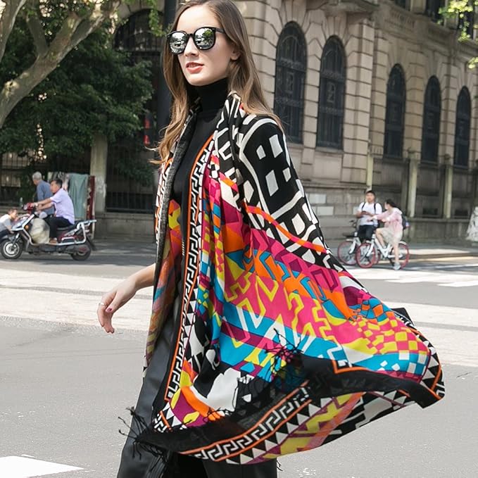 DANA XU 100% Merino Wool Pashmina Shawl for Women 96"x43", Oversized Cashmere Wrap with Tassels, Floral Travel Blanket Cape