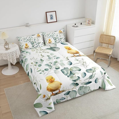 Erosebridal Kids Cute Animal Full Size Comforter Set for Girls Boys Cartoon Duck Bedding Set, Spring Eucalyptus Down Comforter Watercolor Leaves Bed Set, Kawaii Farm Animal Quilted Duvet