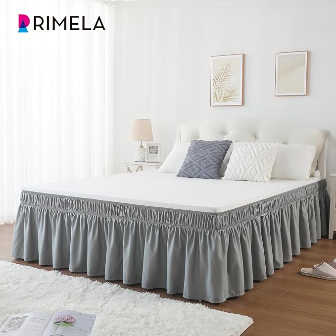 RIMELA Grey Queen Size Bed Skirt 15 Inch Drop,Elastic Bed Skirting, Light Gray Bedskirt for Adjustable Bed Base and Frame, Lightweight Wrap Around Dust Ruffle