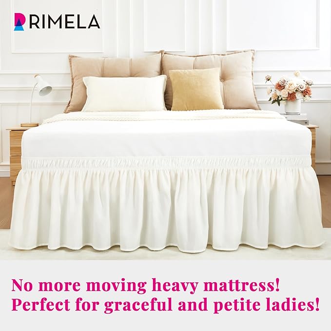 RIMELA Warm White Bed Skirt King Size 12 Inch Drop, Wrap Around Elastic Adjustable Bedskirt, Bed skirting Dust Ruffle for Bed Frame & Box Spring Soft Durable Fabric Machine Washable Easy to Install