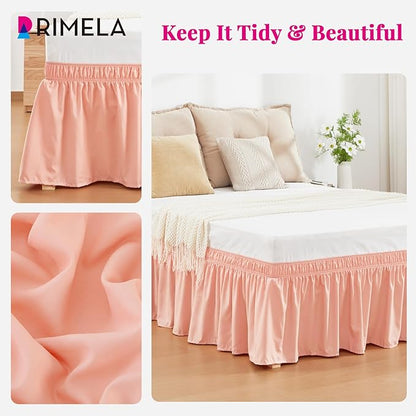 RIMELA Peachy Coral Bed Skirt Queen Size 18 Inch Drop, Elastic Bed Skirting for Bed Base and Frame, Bedding Dust Ruffle Easy to Install, Wrap Around Adjustable Bedskirt