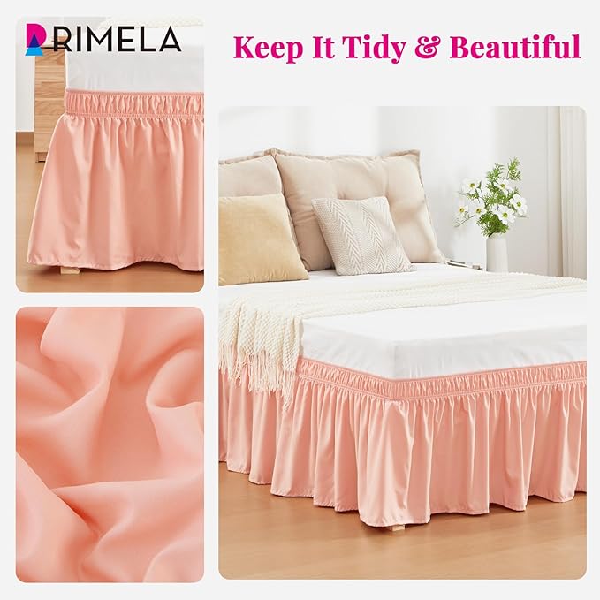 RIMELA Peachy Coral Bed Skirt Queen Size 15 Inch Drop, Elastic Bed Skirting for Bed Base and Frame, Bedding Dust Ruffle Easy to Install, Wrap Around Adjustable Bedskirt