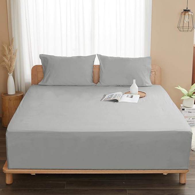 Sunflower Full Fitted Sheet, 1-Piece Extra Deep Pocket Fitted Bottom Sheet 22", 100% Cotton Sateen Soft Breathable, Silver Gray