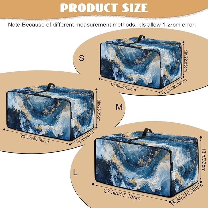 Blue Golden Marble Texture Print Microwave Oven Cover Dust-Proof Polyester-Linen Fabric Toaster Oven Cover Easy to Clean Microwave Grill Cover Protector with Top Handle, S