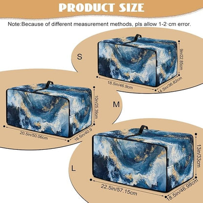 Blue Golden Marble Texture Print Microwave Oven Cover Dust-Proof Polyester-Linen Fabric Toaster Oven Cover Easy to Clean Microwave Grill Cover Protector with Top Handle, L