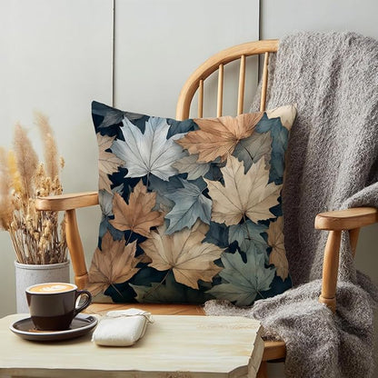 Vintage Boho Leaves Print Throw Pillow Cover, Orange, Blue - Blue Autumn Leaves Decor Pillowcase, Indoor Outdoor Cushion Case for Sofa Couch Bed Living Room Bedroom Home (Yellow leaves, 18x18inch)