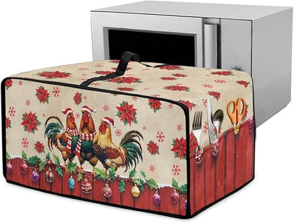 Christmas Toaster Oven Dust Cover with Storage Pockets, Protective Decorative Smart Oven Cover for for Kitchen Countertop, M, 16.5 x 20.5 x 10 Inches, Rooster Chicken Poinsettia Red Beige