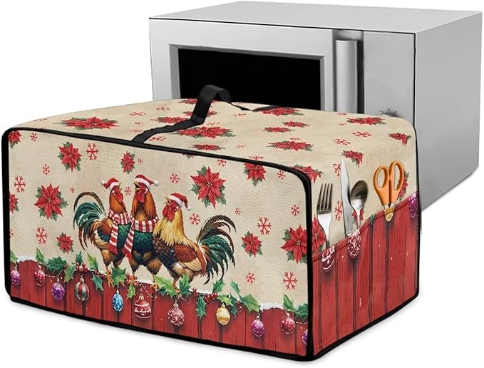Christmas Toaster Oven Dust Cover with Storage Pockets, Protective Decorative Smart Oven Cover for for Kitchen Countertop, S, 14.5 x 18.5 x 9 Inches, Rooster Chicken Poinsettia Red Beige