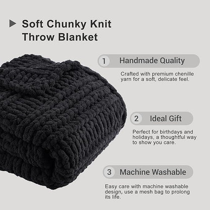 Battilo Chunky Knit Throw Blanket for Couch, Dark Grey Chenille Throw Blanket Thick Warm Cozy Soft Cable Knitted Blanket for Sofa,Bed, Living Room, 50"x60"
