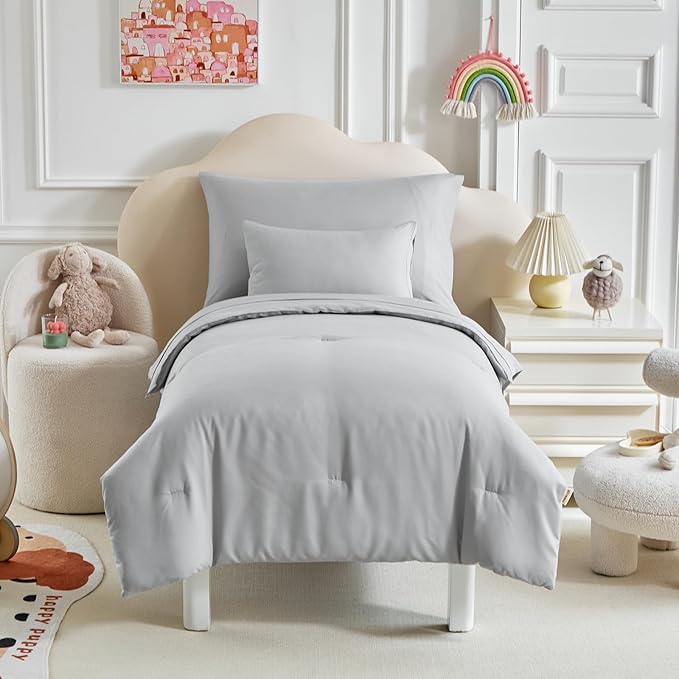 Toddler Bedding Set - 5 Piece Soft and Breathable Toddler Bed Set for Boys and Girls, Includes Quilted Comforter, Fitted Sheet, Flat Top Sheet, Standard Pillowcase and Toddler Pillowcase, Gray