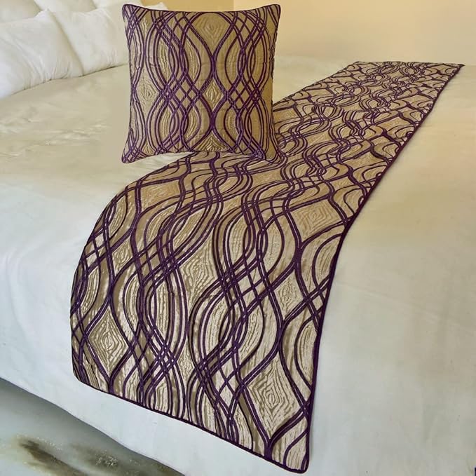 The HomeCentric King/Queen/Twin Plum Designer King 90"x18" Bed Runner with 2 Pillow Cover, Quilted Bed Scarf on Jacquard Fabric - Plum Swirls