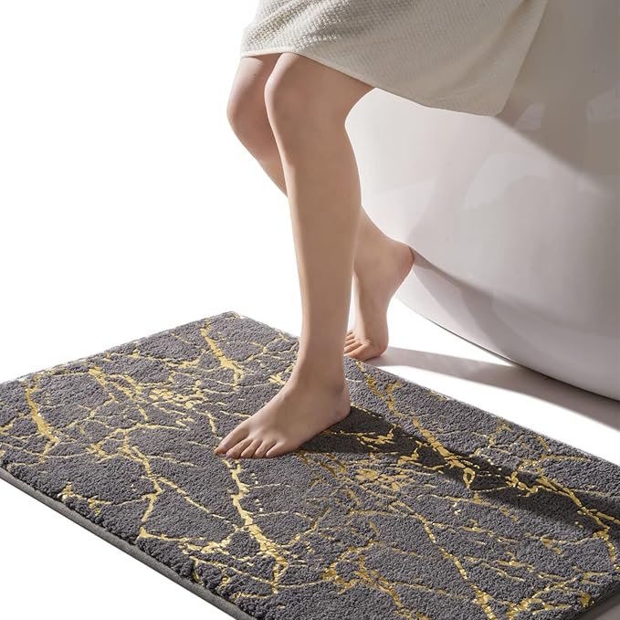 QJHOMO Marble Bathroom Rug Gray and Gold Decor Bathroom Rugs Non Slip Bath Mat Super Absorbent Microfiber Plush Bathmat Machine Washable Floor Carpet for Tub, Shower, Bedroom (24x36 inch)