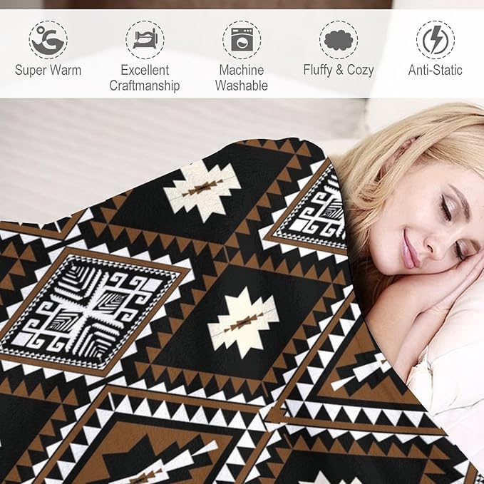 Rustic Western Throw Blanket, Southwestern Bohemian Ethnic Style Native Aztec Pattern Flannel Blanket for Sofa Bed, All Seasons 50"x60"
