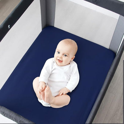 Waterproof Pack and Play Sheets Fitted 2 Pack, Compatible with Graco Pack n Play Sheets 38" X 26" Fits for Baby Playpen/Playard Mattress, Mini Crib Sheets for Boys or Girls, Grey & Navy