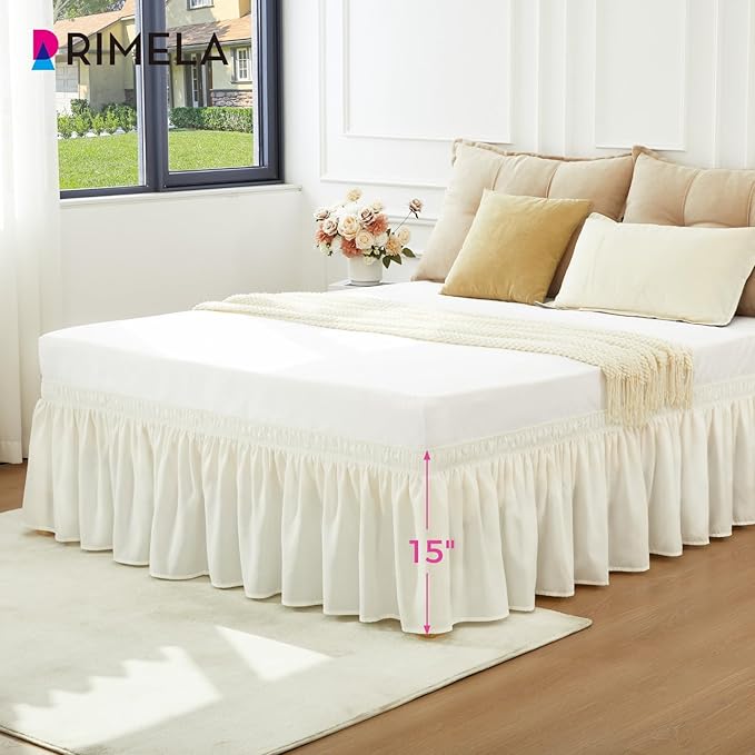 RIMELA Bed Skirts Full Size Cream Dust Ruffle 15 Inch Drop, Wrap Around Elastic Adjustable Bedskirt, Bed Skirt for Adjustable Bed Base, Soft Durable Fabric Machine Washable Easy to Install