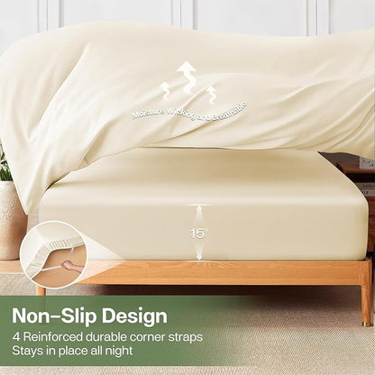 MR&HM King Fitted Sheet Only, Ultra-Soft Rayon Derived from Bamboo & Polyester Blend, Silky & Breathable, 15" Deep Pocket with Elastic Straps, Cooling Fitted Sheet for Hot Sleepers, Cream