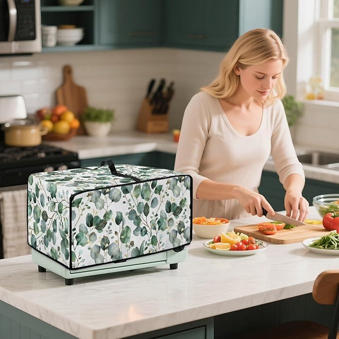 Toaster Oven Cover with Side Pockets, Dustproof Smart Microwave Convection Oven Cover with Handle, for Kitchen Decor, S, 14.5 x 18.5 x 9 Inches, Eucalyptus Leaves Green White