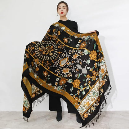 DANA XU 100% Merino Wool Extra Large Pashmina Blanket Travel Scarf Cashmere Wrap for Women Fall Winter Oversize Shawl Floral