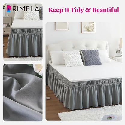 RIMELA Grey Queen Size Bed Skirt 15 Inch Drop,Elastic Bed Skirting, Light Gray Bedskirt for Adjustable Bed Base and Frame, Lightweight Wrap Around Dust Ruffle