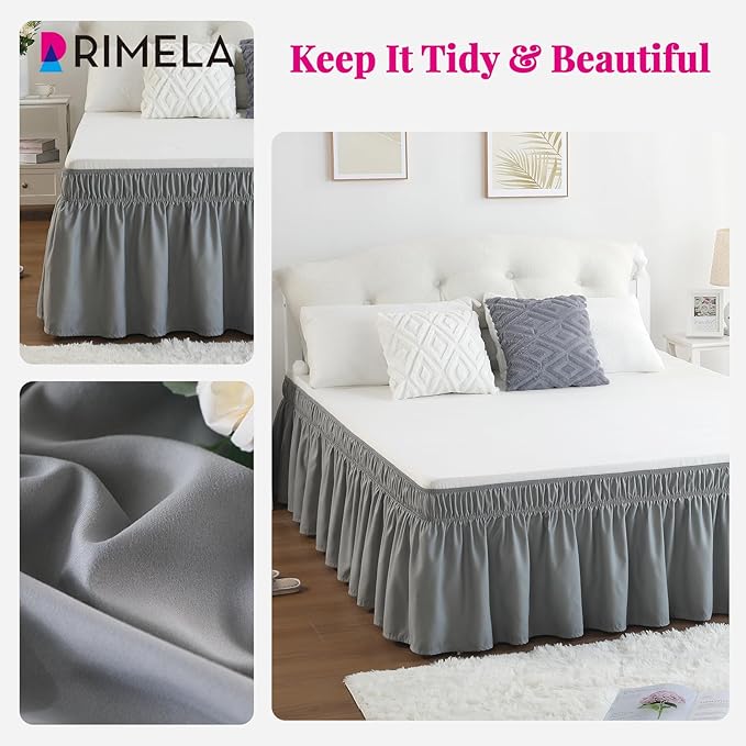 RIMELA Grey Bed Skirt Full Size 18 Inch Drop, Elastic Bed Skirting for Bed Base and Frame, Bedding Dust Ruffle Easy to Install, Lightweight Wrap Around Adjustable Bedskirt