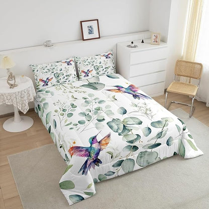 Erosebridal Cartoon Hummingbird King Size Comforter Set Toddler Wildlife Bird Bedding Set, Spring Plant Down Comforter Eucalyptus Leaf Bed Set, Jungle Animal Theme Quilted Duvet Kids Room Decor