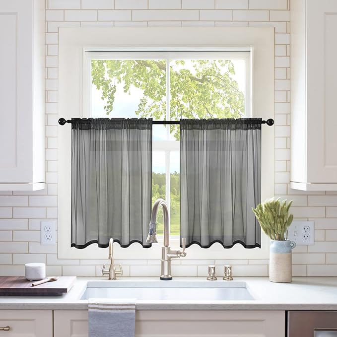 MIULEE Short Sheer Curtains 30 Inch Length for Kitchen Bathroom Cafe Half Halloween Window Treatment, Rod Pocket Tier Curtains 2 Panels, 29x30 Inches Long, Black