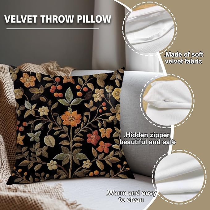 William Morris Abstract Vintage Print Floral Velvet Design Throw Pillow Covers Home Decor, Retro Art Deco Pillowcase Cushion Cover for Bed Sofa Living Room, Square 18x18inch (Black-Floral)