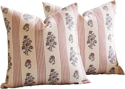 Amor Virisso Floral Throw Pillow Covers 24x24 Set of 2 Block Print Pillow Covers Neutral Floral Striped Farmhouse Decorative Pillow Covers for Sofa Couch Bed, Red