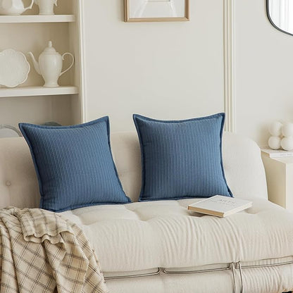 Set of 2 Herringbone Patterned Flange Throw Pillow Covers for Couch and Bed - 20"x20", Steel Blue