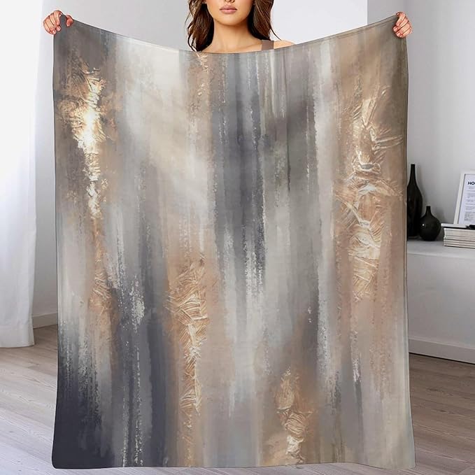 Abstract Gradient Blanket, Modern Fashion Baroque Gold Grey Painting Strokes Pattern Soft Warm Cozy Plush Flannel Covers for Livingroom Bedroom Couch Chair Camping Travel Home Decor Tapestry 60x80in