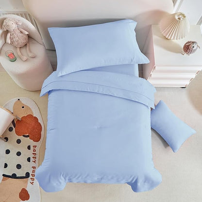 Toddler Bedding Set - 5 Piece Soft and Breathable Toddler Bed Set for Boys and Girls, Includes Quilted Comforter, Fitted Sheet, Flat Top Sheet, Standard Pillowcase and Toddler Pillowcase, Light Blue