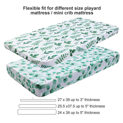 Onacosht Pack n Play Sheets 2 Pack for Baby Unisex, Stretchy Jersey Knitted Portable Mini Crib Sheets Playard Mattress Cover for Baby Boys and Girls, Watercolor Green Botanical Leaf