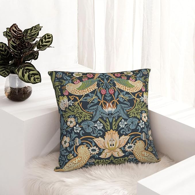 William Morris Vintage Floral Bird Strawberry Thief 18x18 inches Pillow Cover, Outdoor Farmhouse Pillow Cover Home Decor for Couch Sofa