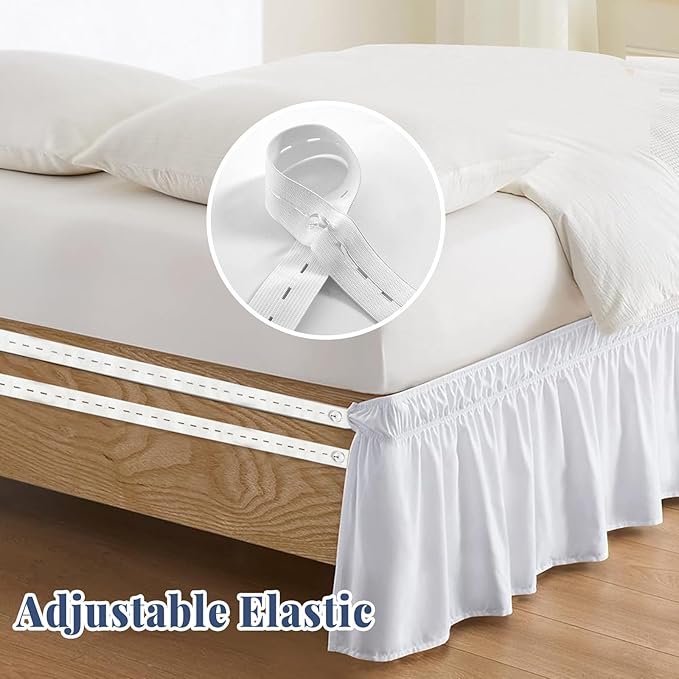 Twin Bed Skirt, Elastic Wrap Around Bed Skirt Twin Size, Bed Skirts for Adjustable Bed, Easy Fit with 14" Drop Length Tailored Drop Dust Ruffle (White)