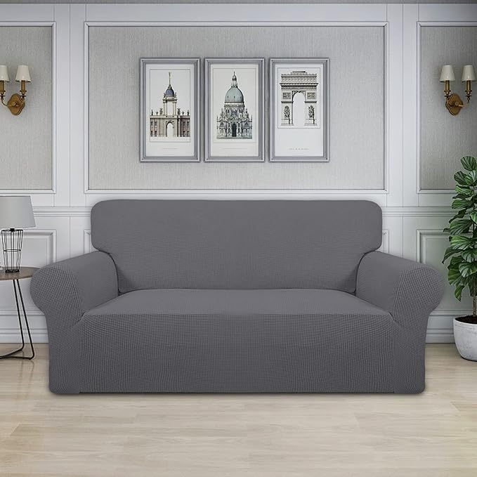 Easy-Going Stretch Oversized Loveseat Slipcover 1-Piece Sofa Cover Furniture Protector Couch Soft with Elastic Bottom for Kids Polyester Spandex Jacquard Fabric Small Checks Grey