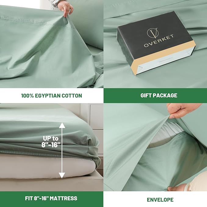 Egyptian Cotton Sheets Full Size 4PCS 1000 Thread Count Sateen Weave Soft Breathable 16-Inch Deep Pocket （Full,Sage Green）