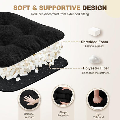downluxe Indoor Chair Cushions for Dining Chairs, Tufted Overstuffed Textured Foam Kitchen Chair Pads with Ties and Non-Slip Backing, 15.5" x 15.5" x 4", Black, 4 Pack
