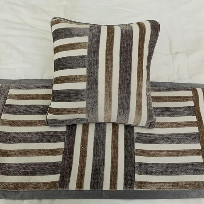 The HomeCentric King/Queen/Twin Beige & Grey Designer King 90"x18" Bed Runner Without Pillow Cover, Patchwork Bed Scarf on Velvet Fabric - Striation
