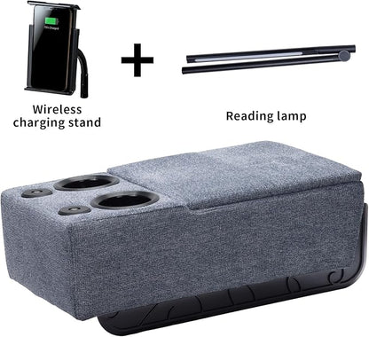 Removable Sofa Armrest, Dual Cup Holders Large Size Multifunctional Couch Caddy Storage Arm Rest with Power Wireless Charging Stand & LED Reading Light for Sofa Middle Seat Adjustable
