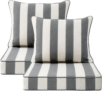 Outdoor Patio Chair Cushions Set, 22" x 22", Set of 2, Water-Repellent, Fade Resistant, Deep Seat Bottom and Back Cushion for Backyard, Couch, Sofa and Patio Furniture, Gray Stripe