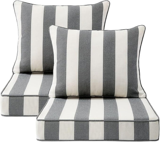 Outdoor Patio Chair Cushions Set, 22" x 22", Set of 2, Water-Repellent, Fade Resistant, Deep Seat Bottom and Back Cushion for Backyard, Couch, Sofa and Patio Furniture, Gray Stripe