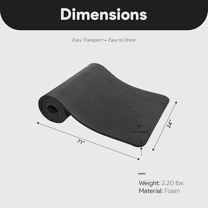 BalanceFrom GoCloud 71x24 Inches Extra Thick Yoga Mat 1-Inch High-Density Foam – Roll-Up Exercise Pad with Double-Sided Non-Slip Surface and Carrying Strap for Pilates and Home Workouts