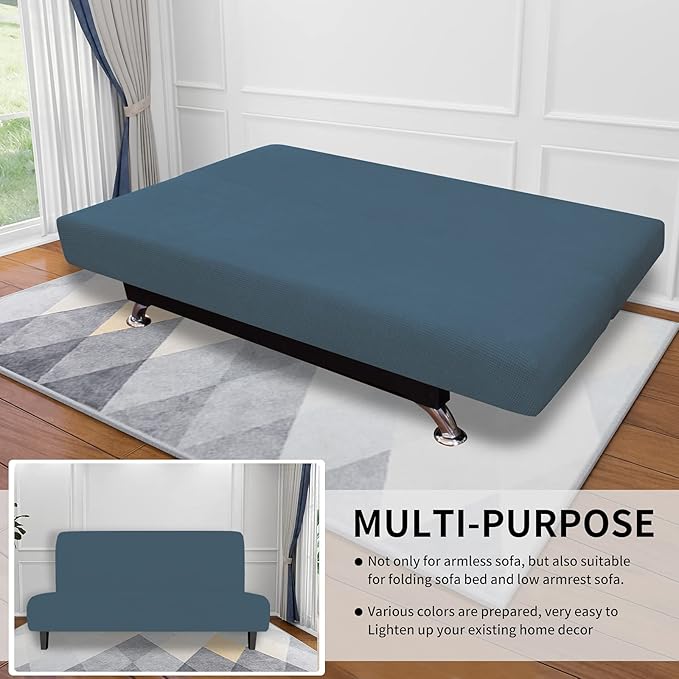 Easy-Going Stretch Futon Sofa Slipcover Armless Sofa Bed Cover Furniture Protector Without Armrests with Elastic Bottom for Kids,Soft Jacquard Fabric Small Checks（Medium Futon,Bluestone