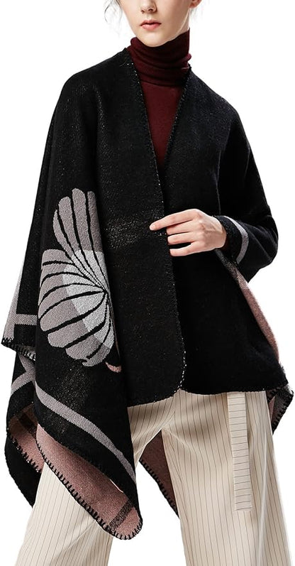 Women's Vintage Pattern Open Front Poncho Cape Shawl Winter Shawl Wraps