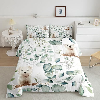 Erosebridal Cute Dog Bedding Queen Size for Kids Child Green Eucalyptus Comforter Set Queen, Pet Animal Duvet Insert Botanical Plant Leaves Quilt Set, Cartoon Pug Puppy Bedding Comforters & Sets