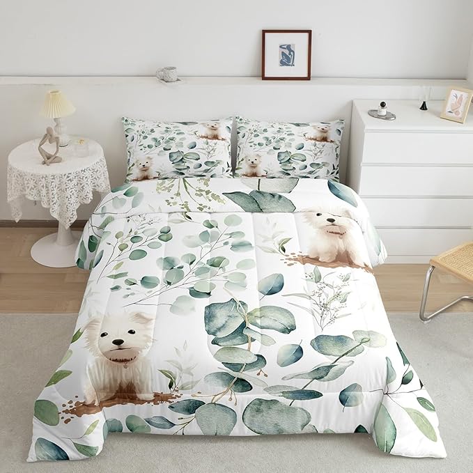 Erosebridal Cute Dog King Comforter Set for Kids Child Green Eucalyptus Bedding Set King, Pet Animal Bedding Comforter Sets Botanical Plant Leaves Duvet Set, Cartoon Pug Puppy Quilted Comforter