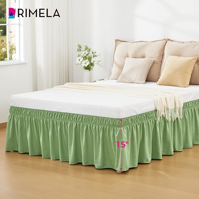 RIMELA Light Green Bed Skirt Queen Size 15 Inch Drop, Elastic Bed Skirting, Bedding Dust Ruffle Easy to Install, Wrap Around Bedskirt, Bedroom Decor