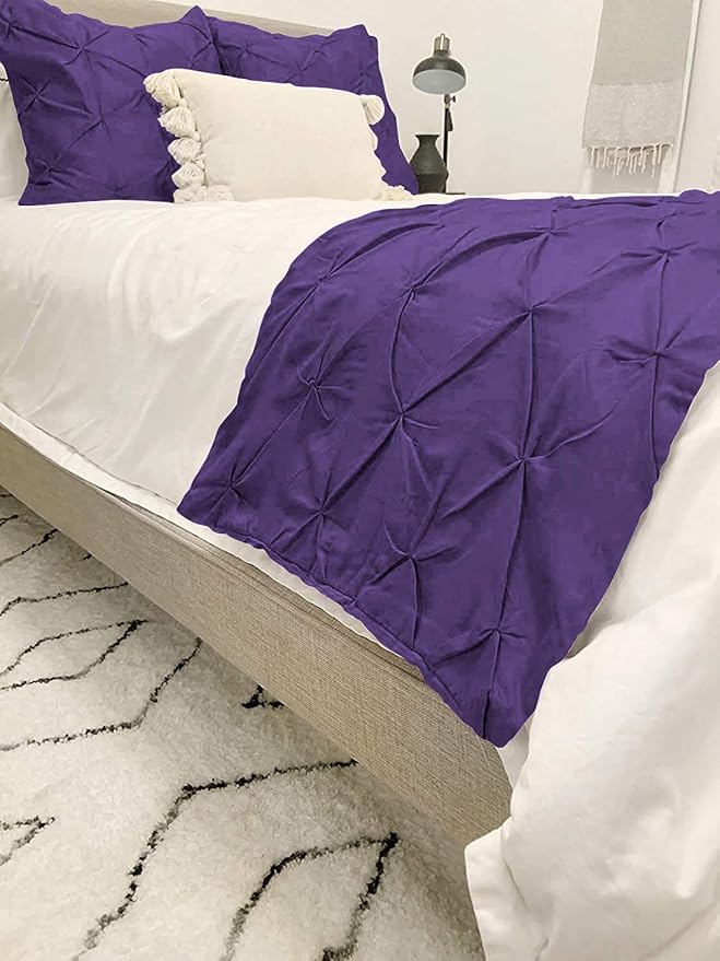 Bed Runner Set - 100% Pure Cotton 800 Thread Count - Luxury 1 Pinch Pleated Bed Runner and 2 Pillow Cover - 3 Piece Pinch Pleated Bed Runner Set King, Purple