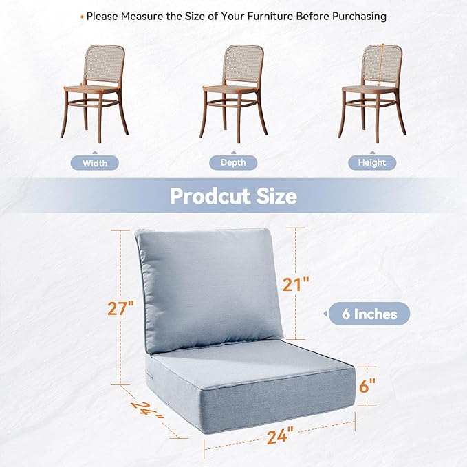 Luxury 6" Outdoor Cushions for Patio Furniture, 24x24x6" Thick Seat Cushion Set of 6, Fade Resistant Couch Chair Replacement Cushions High Density Wicker Chair Cushion w/ Removable Cover Baby Blue