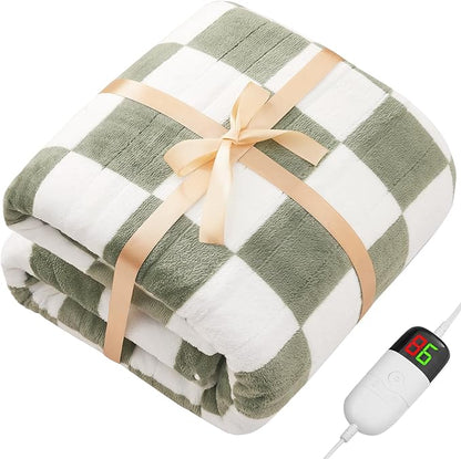 Sage Green Heated Blanket Electric Twin Size, 62X84 Heating Blanket with 10 Heat Levels & 8 Hours Auto Off, Checkered Plaid Soft Fleece Sherpa Blankets Warmer Gifts for Couch Grandma Women Adults